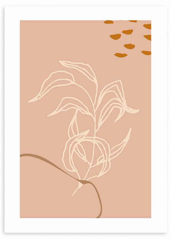 Tableau encadré avec branche botanique aux contours crème, fond beige rosé, détails moutarde et ligne courbe ton terre, dans un style minimaliste et bohème discret. Disponible sur kudeko.com