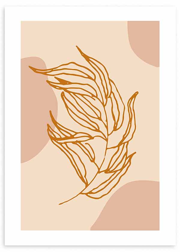 Quadro com ramo de folhas estilizadas em terracota sobre fundo bege com formas orgânicas em rosa velho, de estilo minimalista e contemporâneo. Disponível em kudeko.com
