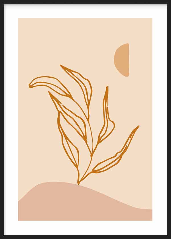 Cuadro con rama de hojas estilizadas en línea ocre, fondo beige y formas orgánicas en tonos arena y rosa suave, de estilo minimalista. Disponible en kudeko.com