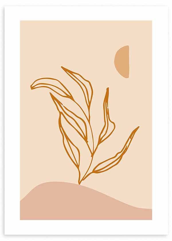 Cuadro con rama de hojas estilizadas en línea ocre, fondo beige y formas orgánicas en tonos arena y rosa suave, de estilo minimalista. Disponible en kudeko.com