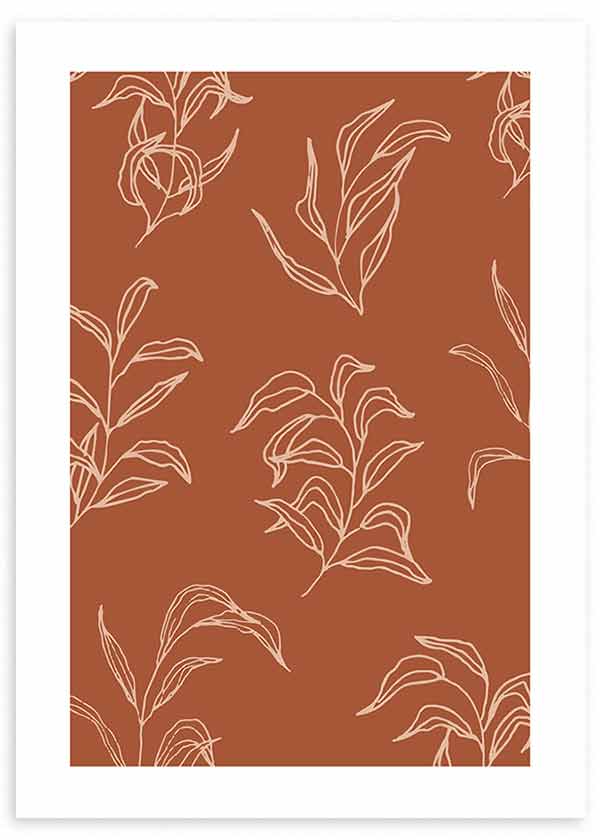 Cuadro con ramas y hojas en líneas color crema sobre fondo terracota cálido, composición botánica ligera de estilo floral. Disponible en kudeko.com