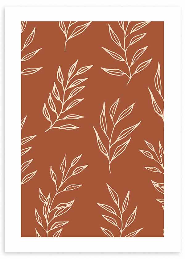 Wandbild mit Blattzweigen in cremefarbenen Linien auf warmem Terrakotta-Hintergrund, botanisch wiederholte Komposition im floralen Stil mit Erdtönen und ruhiger Wirkung. Erhältlich auf kudeko.com