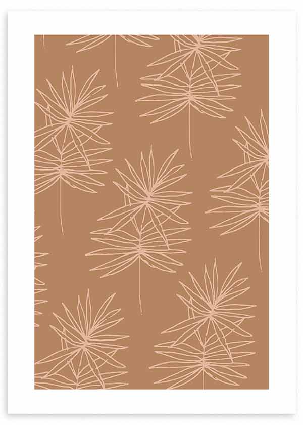 Tableau avec feuilles botaniques fines et branches dessinées en beige sur fond terracotta chaud, dans un style floral épuré et naturel. Disponible sur kudeko.com