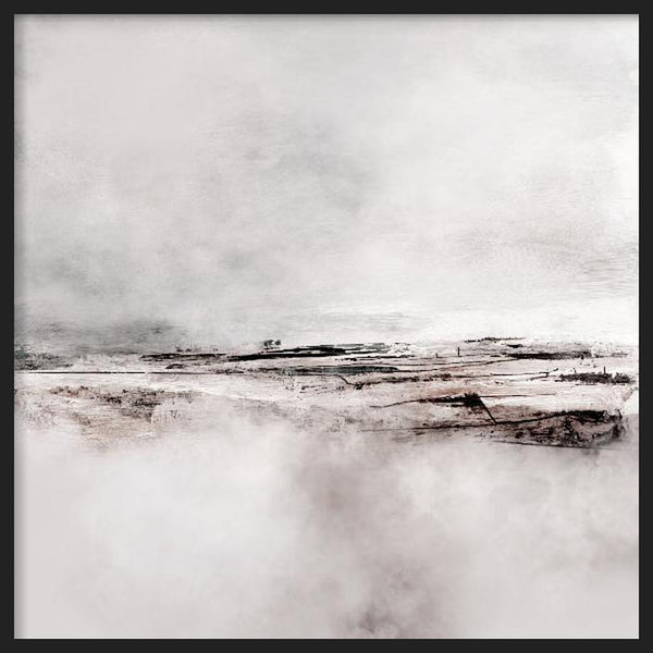 Cuadro cuadrado con paisaje abstracto brumoso, franja horizontal en negro, fondo blanco y gris, composición suave de estilo abstracto. Disponible en kudeko.com