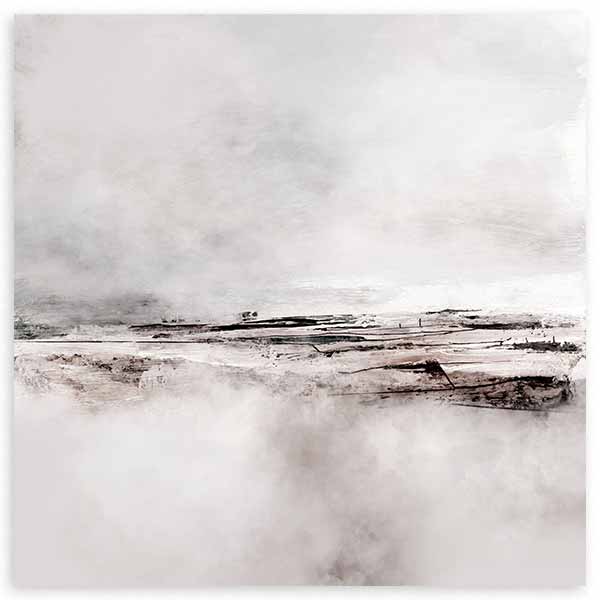 Cuadro cuadrado con paisaje abstracto brumoso, franja horizontal en negro, fondo blanco y gris, composición suave de estilo abstracto. Disponible en kudeko.com