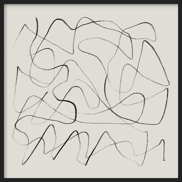 Cuadro cuadrado con líneas negras y grises entrelazadas sobre fondo beige claro, composición abstracta de formas fluidas y estilo minimalista. Disponible en kudeko.com