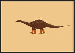 Cuadro horizontal con dinosaurio de cuello largo en marrón oscuro, fondo beige y botas vaqueras color teja, de estilo infantil. Disponible en kudeko.com