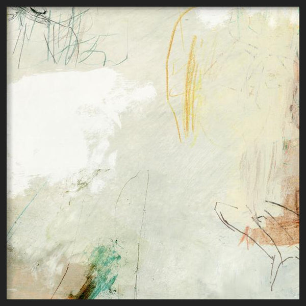 Cuadro cuadrado con composición abstracta de fondo marfil, trazos finos en gris, ocre y turquesa, manchas suaves y estética serena de estilo abstracto. Disponible en kudeko.com