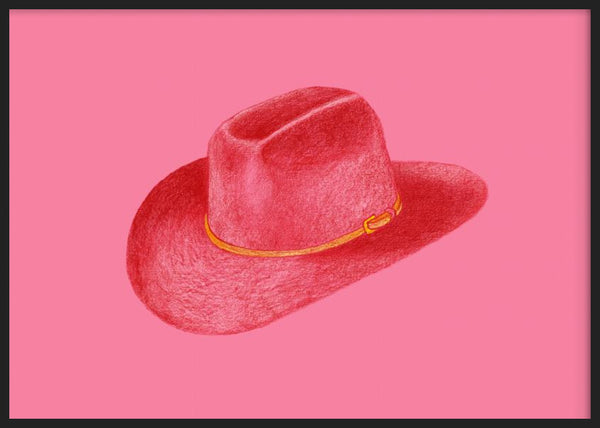 Cuadro horizontal con sombrero vaquero rojo sobre fondo rosa liso, contraste vibrante, detalle dorado en la banda y estilo ilustración contemporánea. Disponible en kudeko.com
