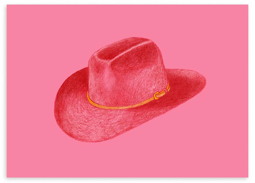 Cuadro horizontal con sombrero vaquero rojo sobre fondo rosa liso, contraste vibrante, detalle dorado en la banda y estilo ilustración contemporánea. Disponible en kudeko.com