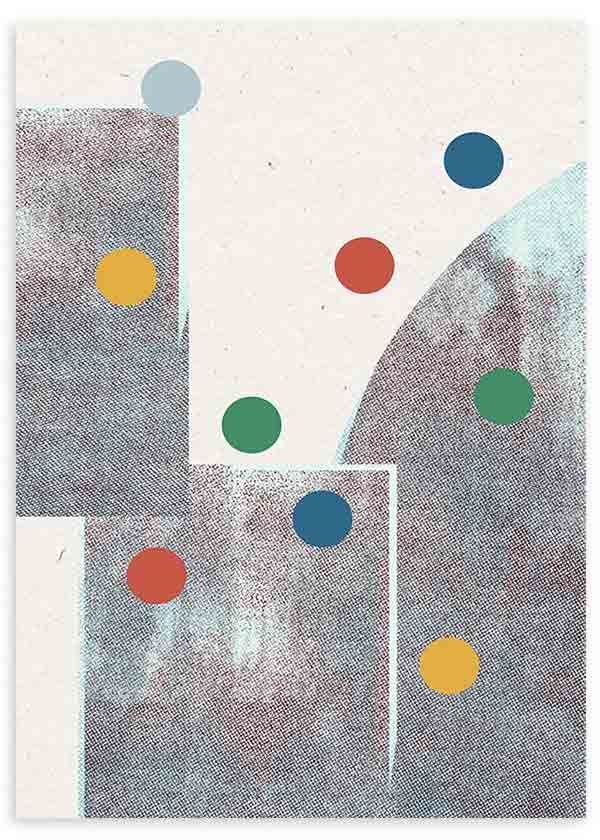 Quadro com círculos em azul, verde, mostarda e terracota, formas geométricas cinzentas, fundo creme e estilo vintage retro equilibrado. Disponível em kudeko.com