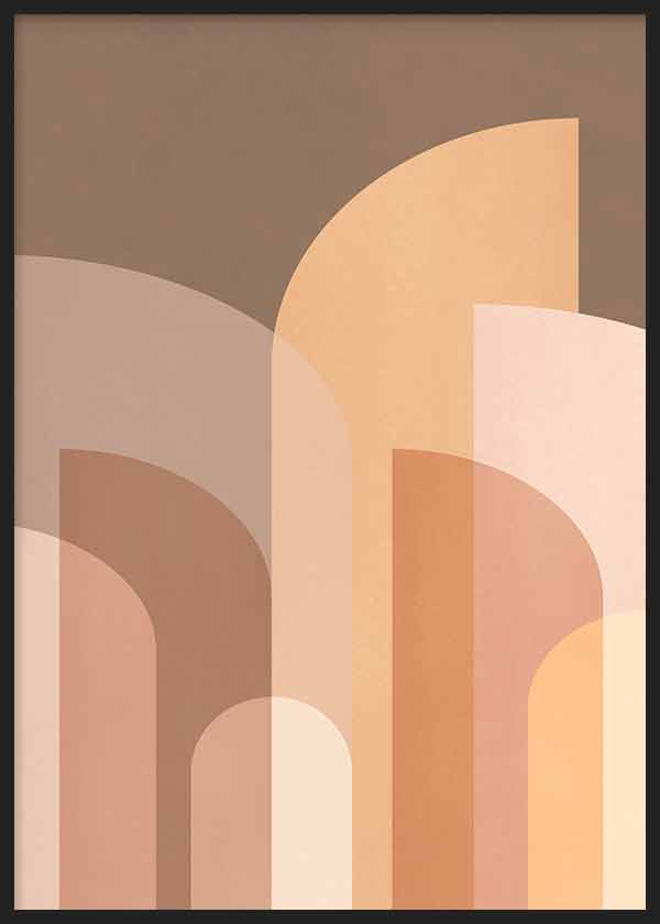 Cuadro de arcos geométricos superpuestos en tonos tierra, beige, arena, terracota y melocotón, con composición abstracta equilibrada y estilo geométrico. Disponible en kudeko.com