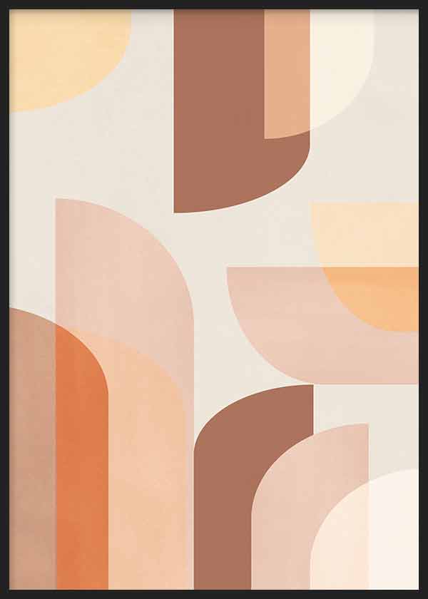 Cuadro con composición de arcos y semicírculos en tonos terracota, beige, crema, melocotón y mostaza suave, de estilo geométrico. Disponible en kudeko.com