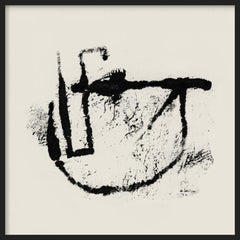 Quadro quadrado com composição abstrata em preto e branco partido, manchas irregulares, linhas curvas e formas gestuais de estilo abstrato contemporâneo. Disponível em kudeko.com
