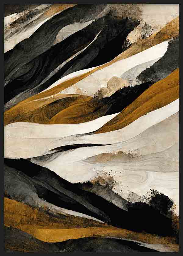 Cuadro con formas abstractas inspiradas en montañas, en tonos negro, blanco roto, beige y ocre dorado, de estilo abstracto. Disponible en kudeko.com