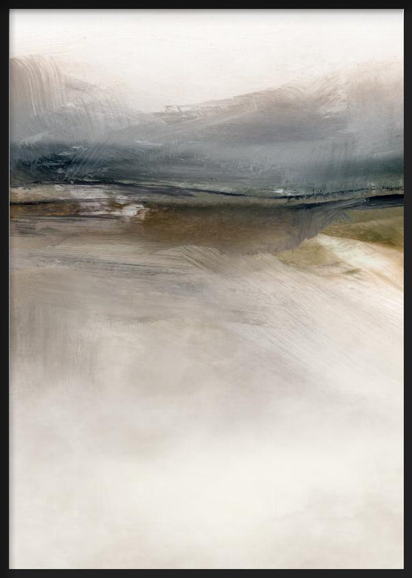 Quadro com paisagem abstrata de horizontes difusos, neblina suave, tons de cinza azulado, bege, branco sujo e terra, em estilo abstrato contemporâneo e sereno. Disponível em kudeko.com