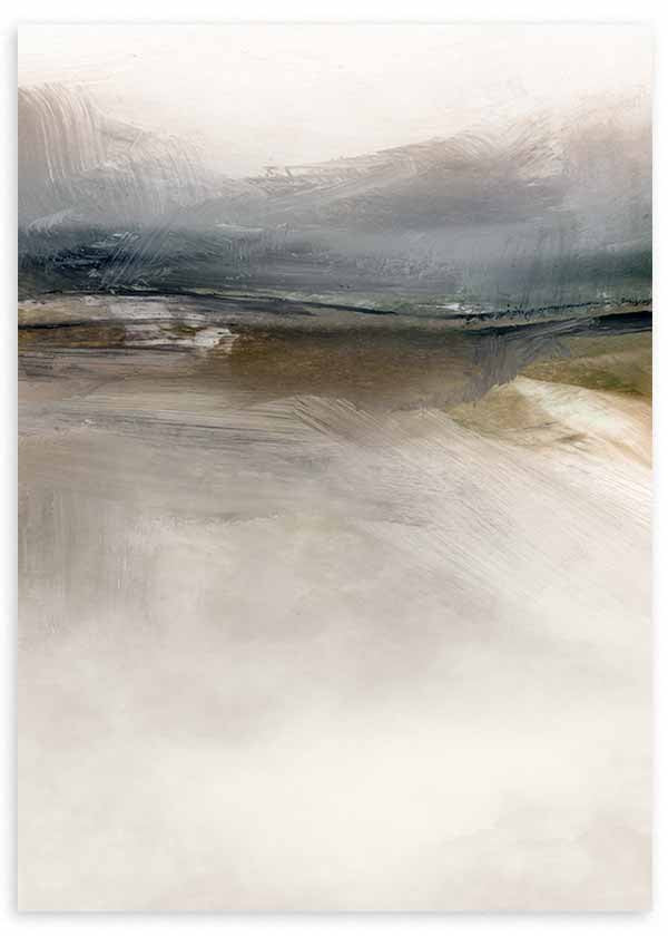 Cuadro con paisaje abstracto de horizontes difusos, niebla suave, tonos gris azulado, beige, blanco roto y tierra, de estilo abstracto. Disponible en kudeko.com