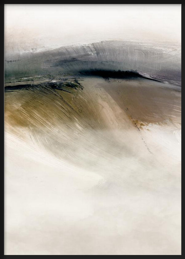 Quadro emoldurado com composição abstrata de formas curvas em bege, creme, cinzento fumado, preto e verde oliva suave, num estilo contemporâneo depurado. Disponível em kudeko.com