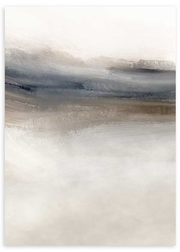 Tableau avec paysage abstrait en tons ivoire, gris bleuté, beige et brun doux, composition diffuse et style abstrait pour décoration murale contemporaine. Disponible sur kudeko.com