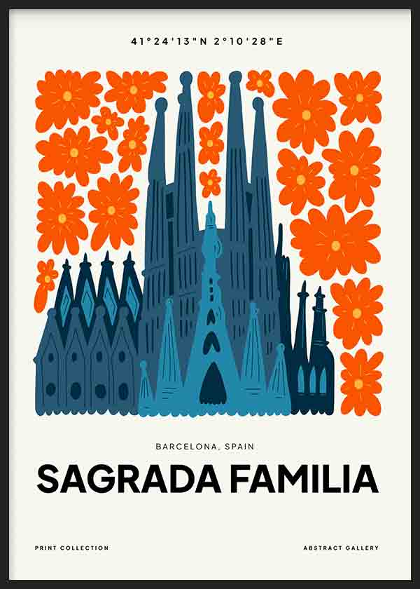 Cuadro de la Sagrada Familia de Barcelona en tonos azules, rodeada de flores naranjas sobre fondo claro, con estilo ilustración y composición gráfica decorativa. Disponible en kudeko.com