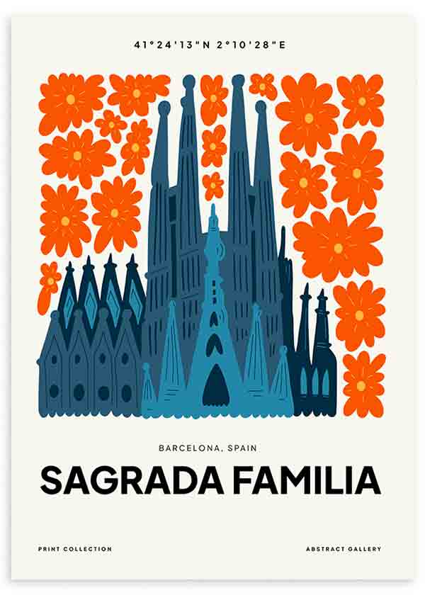 Cuadro de la Sagrada Familia de Barcelona en tonos azules, rodeada de flores naranjas sobre fondo claro, con estilo ilustración y composición gráfica decorativa. Disponible en kudeko.com