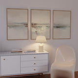 Cuadro con composición abstracta de paisaje etéreo en tonos marfil, beige, azul grisáceo y tierra, con líneas suaves y atmósfera serena de estilo abstracto. Disponible en kudeko.com