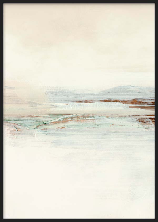 Tableau avec paysage abstrait éthéré, tons ivoire, beige, bleu grisé et terre, lignes douces, bandes horizontales et style abstrait apaisé. Disponible sur kudeko.com
