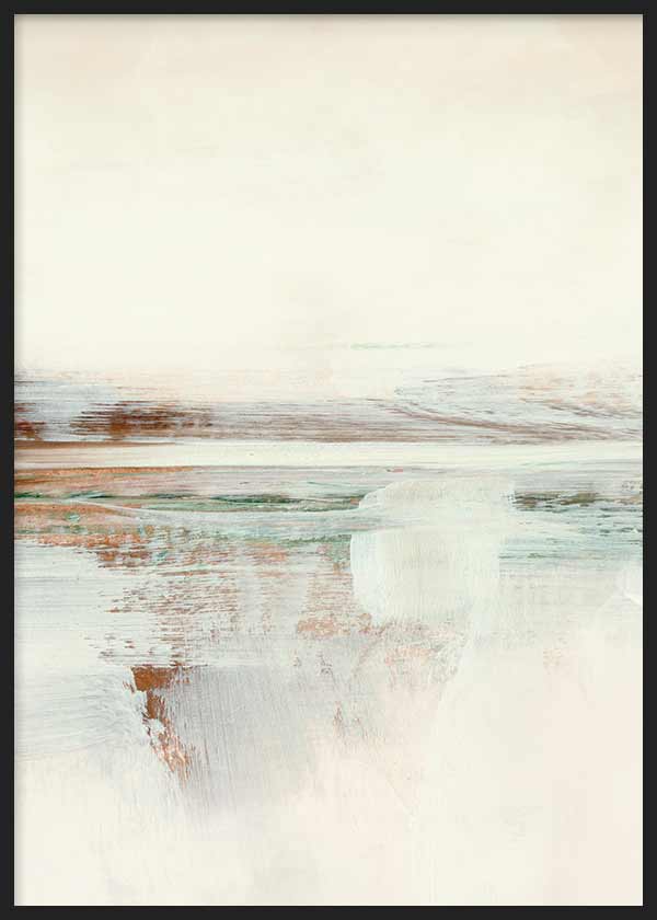 Tableau encadré avec paysage abstrait à horizon diffus, formes douces et reflets subtils en blanc cassé, beige, brun rouille et vert d’eau, style abstrait apaisant. Disponible sur kudeko.com