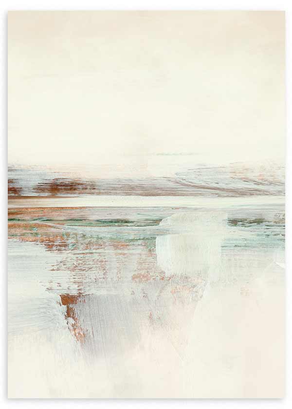 Quadro emoldurado com paisagem abstrata de horizonte difuso, reflexos suaves em branco sujo, bege, castanho ferrugem e verde água, num estilo abstrato sereno e leve. Disponível em kudeko.com