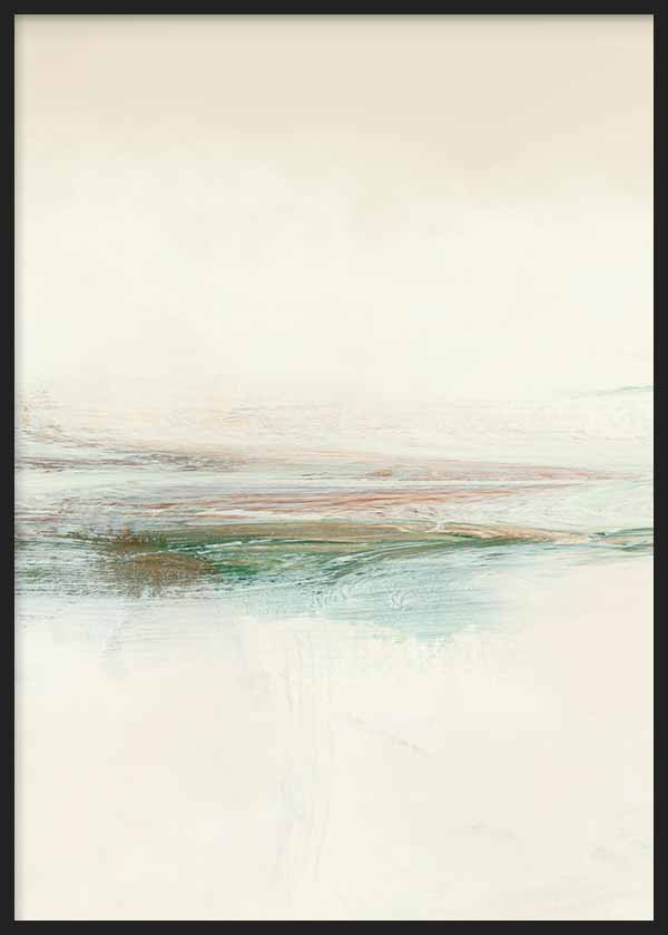 Tableau avec composition abstraite évoquant un horizon diffus, en crème, blanc cassé, vert d’eau et nuances terre, dans un style abstrait lumineux et apaisant. Disponible sur kudeko.com