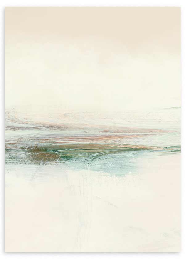 Quadro com composição abstrata de horizonte difuso em tons creme, branco sujo, verde água e nuances terrosas, com estilo abstrato sereno e luminoso. Disponível em kudeko.com