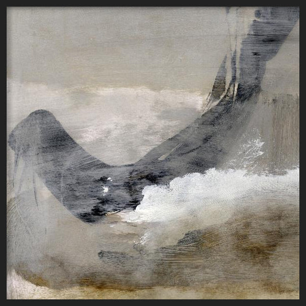 Cuadro cuadrado con formas abstractas fluidas en negro, gris, blanco y beige, composición envolvente de estilo abstracto. Disponible en kudeko.com