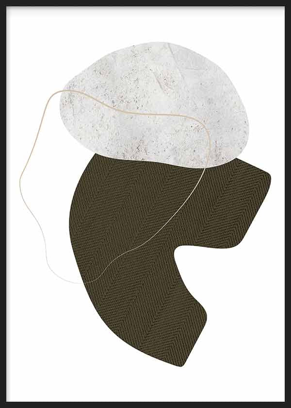 Cuadro de formas orgánicas superpuestas en blanco roto y marrón oscuro, con línea fina ondulada y composición equilibrada de estilo abstracto. Disponible en kudeko.com