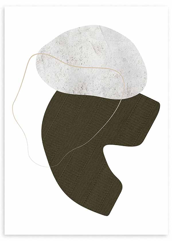 Cuadro de formas orgánicas superpuestas en blanco roto y marrón oscuro, con línea fina ondulada y composición equilibrada de estilo abstracto. Disponible en kudeko.com