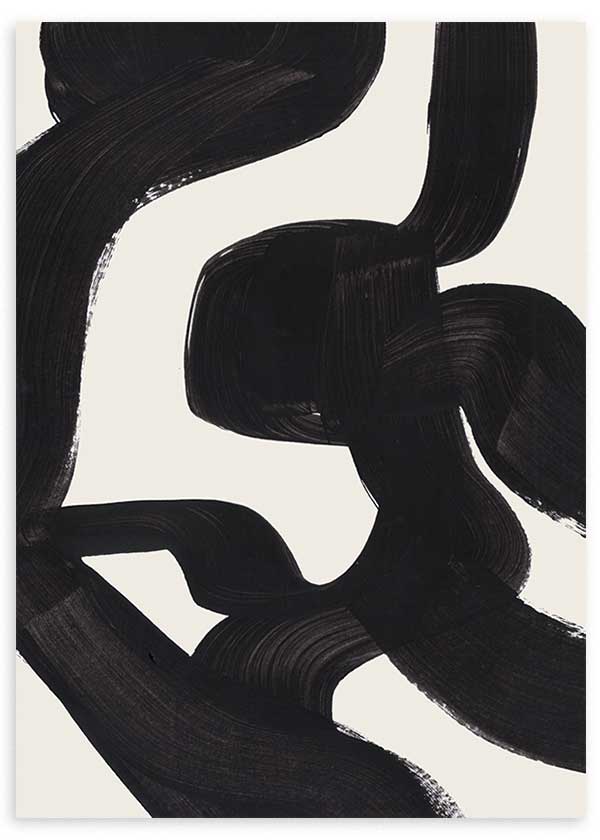Cuadro con formas abstractas negras de líneas curvas y anchas sobre fondo blanco, contraste marcado y composición contemporánea de estilo abstracto. Disponible en kudeko.com