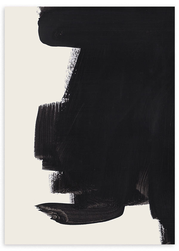 Cuadro con composición abstracta de formas negras amplias sobre fondo blanco roto, contraste marcado y estética sobria de estilo abstracto. Disponible en kudeko.com