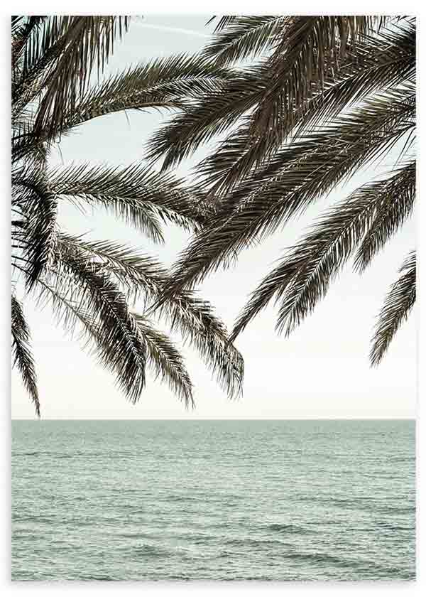 Quadro emoldurado com ramos de palmeira escuros em primeiro plano, mar calmo, céu claro, tons de bege, castanho e azul esverdeado, estilo fotográfico costeiro. Disponível em kudeko.com