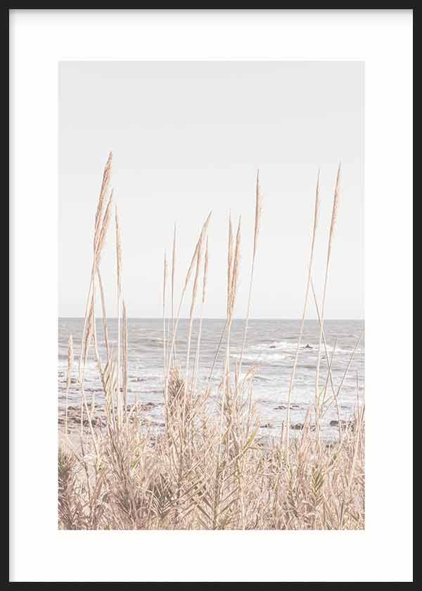 Cuadro de dunas con gramíneas altas junto al mar en tonos beige, arena, gris claro y blanco, de estilo naturaleza y paisajes. Disponible en kudeko.com