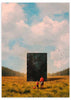 Cuadro collage de padre e hijo en el campo con una ventana al universo