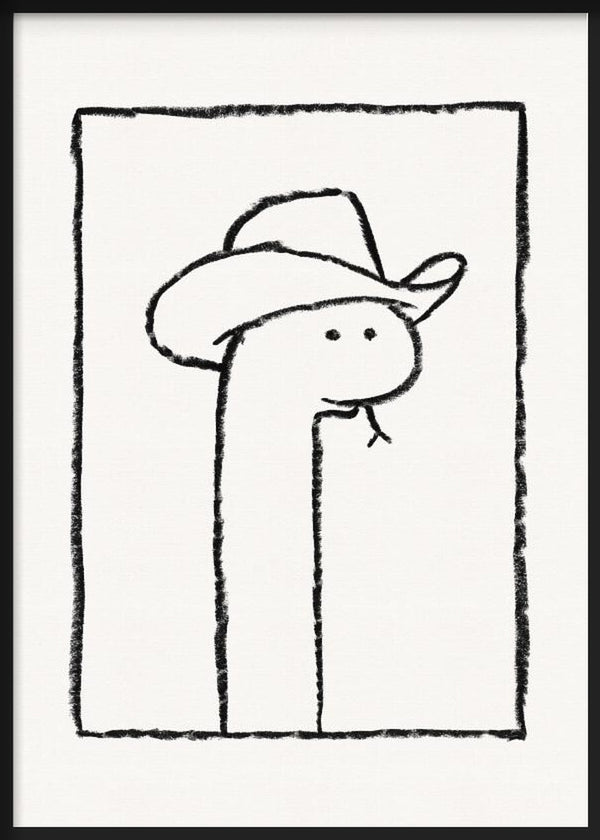 Cuadro de serpiente con sombrero vaquero, líneas negras sobre fondo blanco y composición limpia de estilo ilustración. Disponible en kudeko.com