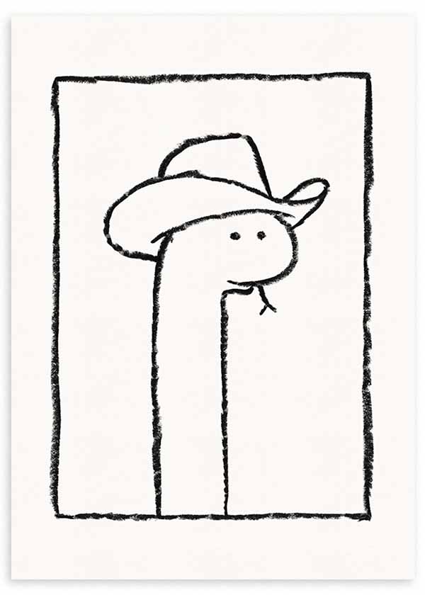 Cuadro de serpiente con sombrero vaquero, líneas negras sobre fondo blanco y composición limpia de estilo ilustración. Disponible en kudeko.com