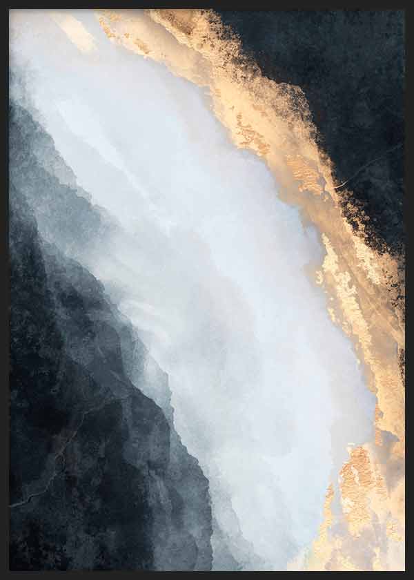 Cuadro con composición abstracta de formas nebulosas en blanco, azul grisáceo, negro y detalles dorados luminosos, de estilo abstracto. Disponible en kudeko.com
