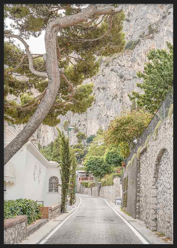 Cuadro de calle mediterránea en Capri con muros de piedra, árboles verdes, fachadas claras y acantilado rocoso, en tonos beige, blanco y verde, de estilo fotográfico. Disponible en kudeko.com