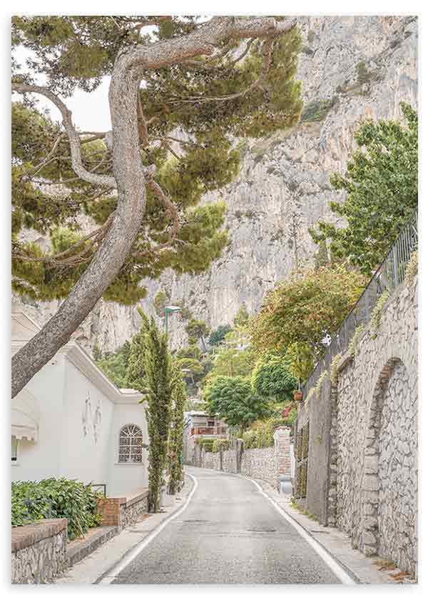 Cuadro de calle mediterránea en Capri con muros de piedra, árboles verdes, fachadas claras y acantilado rocoso, en tonos beige, blanco y verde, de estilo fotográfico. Disponible en kudeko.com