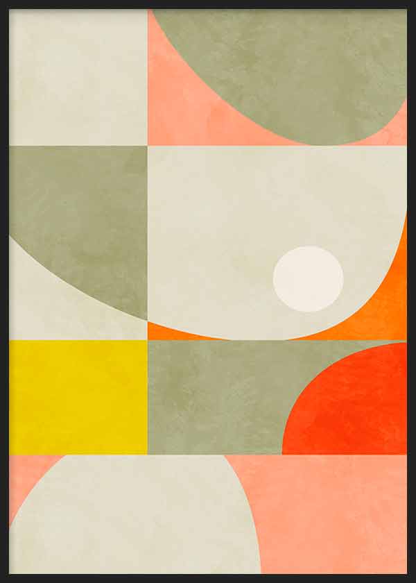 Cuadro con composición de semicírculos y bloques geométricos en crema, verde salvia, coral, naranja, rojo y amarillo, de estilo geométrico. Disponible en kudeko.com
