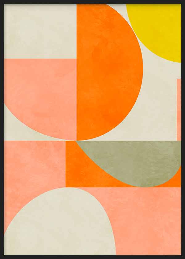 Cuadro con composición de semicírculos y bloques geométricos en naranja, rosa, amarillo, beige y verde grisáceo, de estilo geométrico. Disponible en kudeko.com