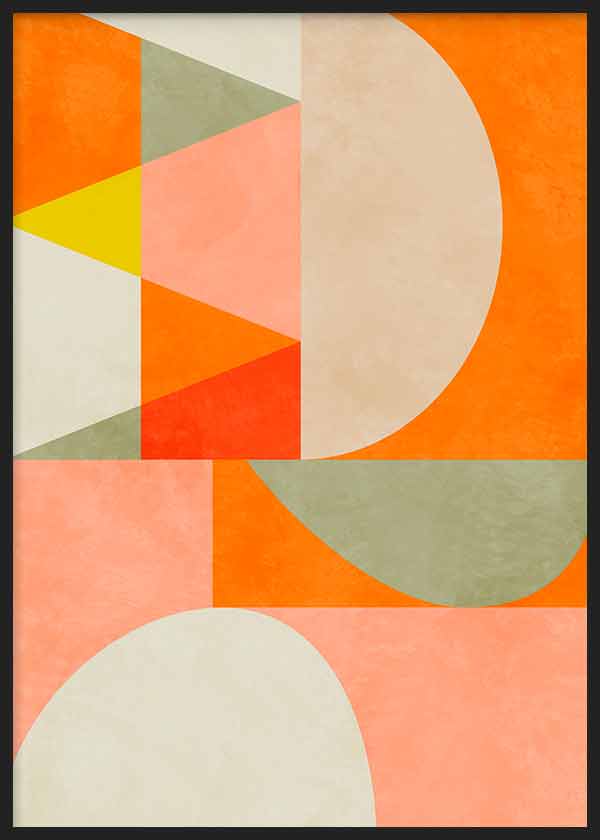 Cuadro con semicírculos, triángulos y bloques de color naranja, coral, beige, amarillo y verde grisáceo, de estilo geométrico. Disponible en kudeko.com