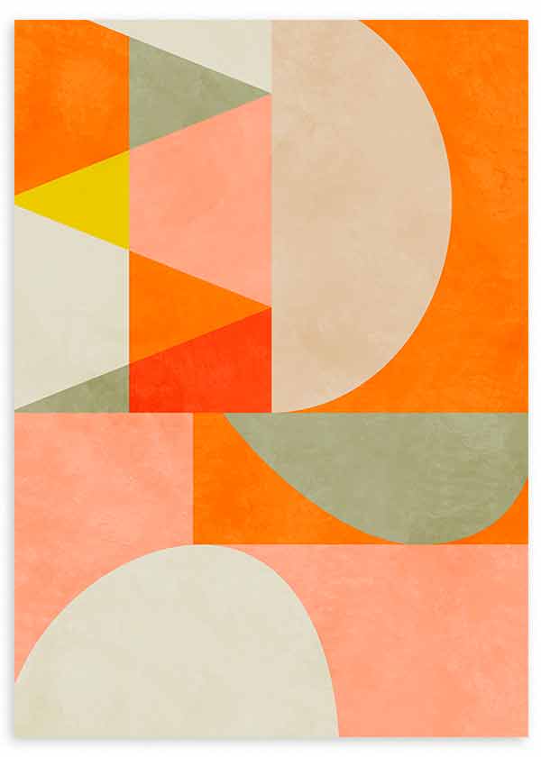 Gerahmtes Wandbild mit Halbkreisen, Dreiecken und Farbflächen in Orange, Koralle, Beige, Gelb und Graugrün, im modernen geometrischen Stil. Erhältlich auf kudeko.com