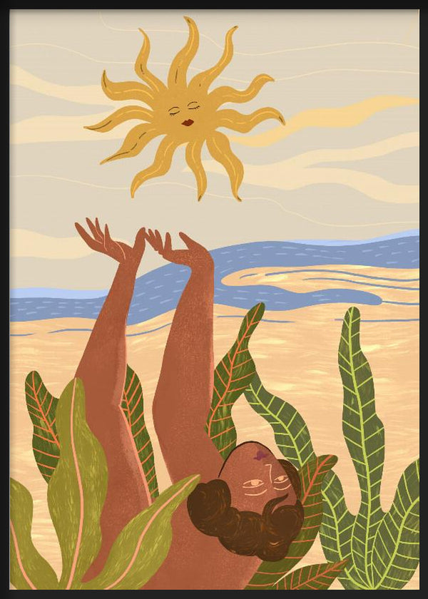 Cuadro con figura femenina entre hojas tropicales, sol dorado, cielo beige y azul, colores terracota y verde, de estilo ilustración. Disponible en kudeko.com