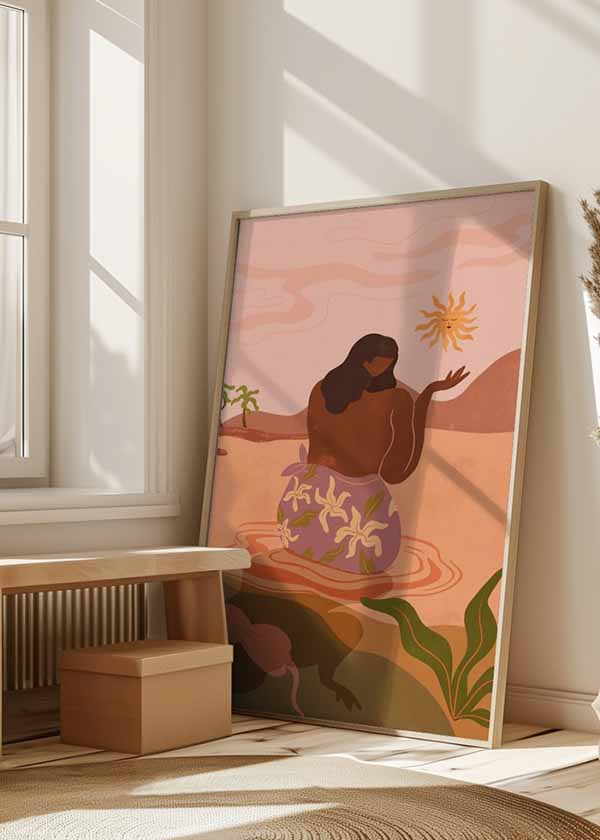 Cuadro ilustración de figura femenina contemplando atardecer, tienda kudeko.com